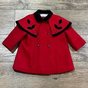 True Vintage 1950s/60s Casual Time Red Wool Coat w/ Cape Made in USA Girls 3T 4T